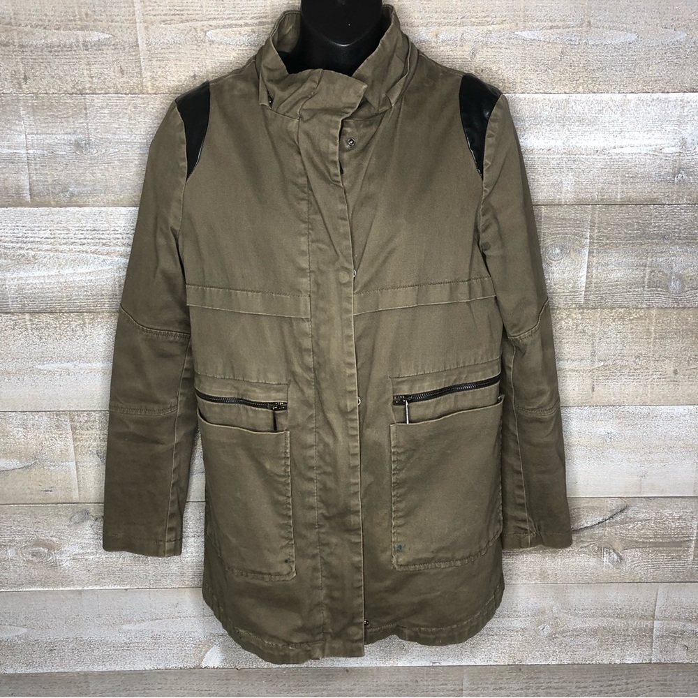 Mango suit collection army green military faux leather sleeve convertible jacket